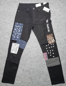 Rue21 Jeans Mens 34X34 Black Denim Supreme Flex Skinny Distressed Patches New - Picture 1 of 12