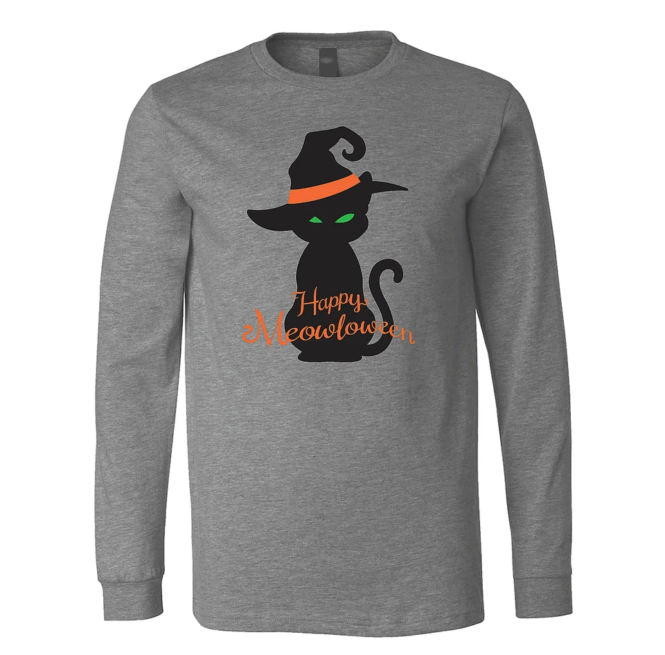 NUEVA Camiseta Happy Meowloween Gato Negro Gráfico Halloween LS Unisex Adulto Talla S Foto 1 de 3
