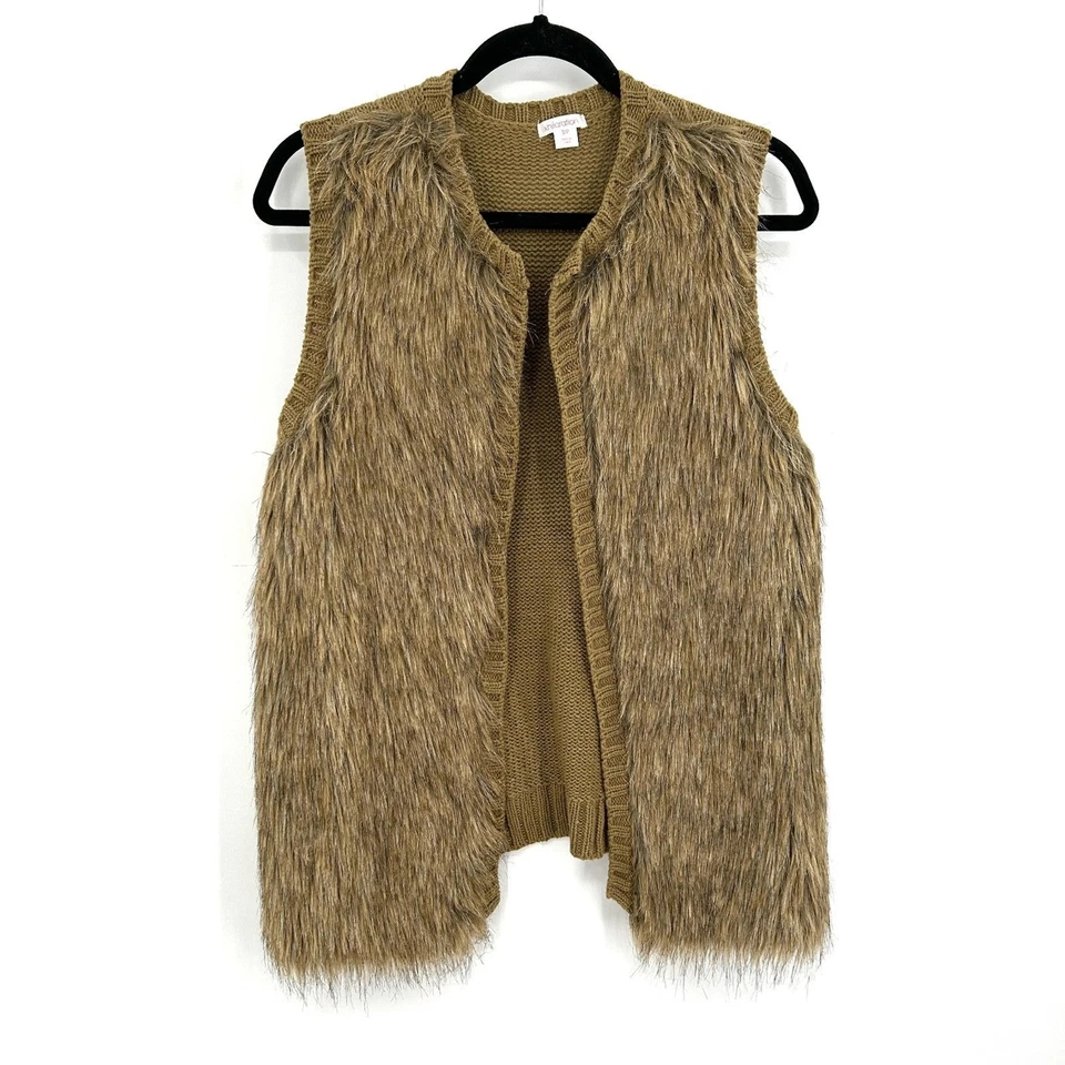 Colete sem mangas XHILARATION marrom bronzeado crochê malha pele sintética tamanho pequeno - Imagem 1 de 4