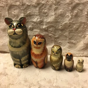 Signierte 5 Stck. Matroschka russische goldene Hahn Katze handbemalte Nistpuppen selten 7 Zoll - Bild 1 von 20