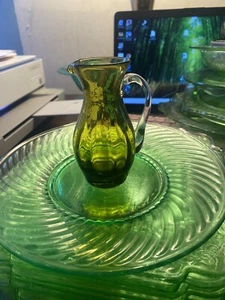 Green Depression Hand Blown Glass Pitcher 4” High With Handle - Picture 1 of 6