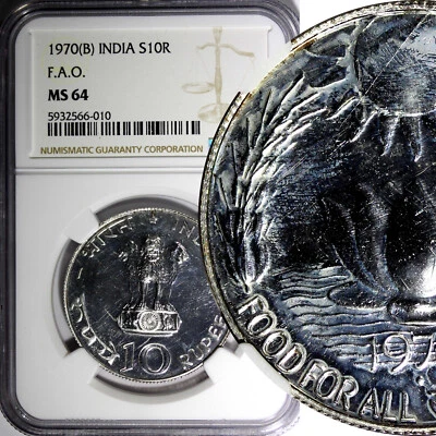 India-Republic Silver 1970 (B) 10 Rupees FAO NGC MS64 TOP GRADED KM# 186 (010) - Image 1 of 4