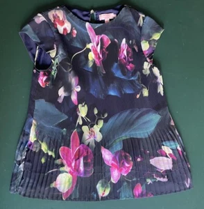 Ted Baker Floral Print Top Pleated Bottom Size 1 Dark Bg Blouse Vibrant Colors - Picture 1 of 8