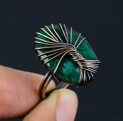 Joyería anillo árbol de la vida envoltura alambre cobre piedras preciosas hechas a mano esmeralda creada en laboratorio Foto 1 de 4