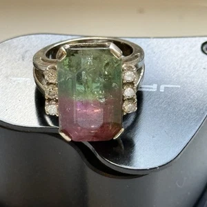 Anillo de Colección Sandía Turmalina y Diamantes 14K Estilo Art Deco 16 x 5 mm Corte Esmeralda - Imagen 1 de 12