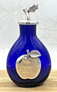 Handcrafted Folk Art Decanter Cobalt Blue Glass Bottle with Pewter Apple Accent - Picture 1 of 17
