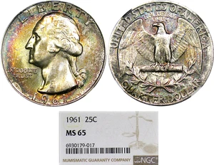 1961 25C NGC MS65 WASHINGTON ~ GORGEOUS PASTEL RAINBOWS!   VIDEO - Picture 1 of 5