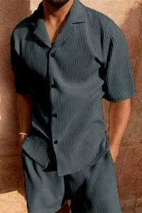 Corduroy Casual Polo Collar Sports Men's Solid Color T-shirt Shorts Set New! - Picture 1 of 2