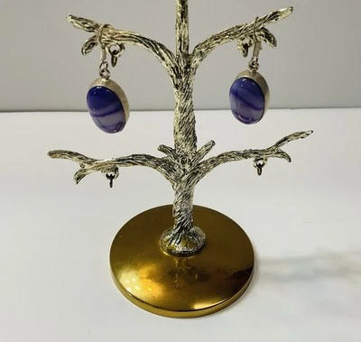 Silver Tone And Purple Banded Agate Gemstone Oval Dangle Earrings - Image 1 of 4