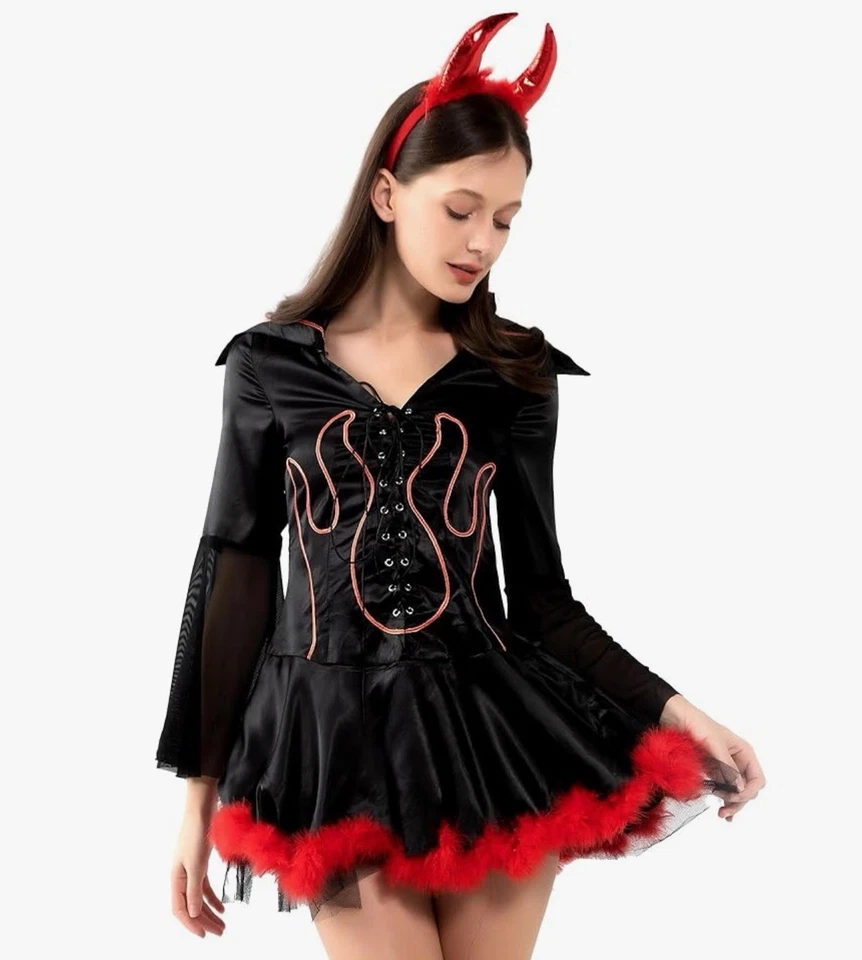 Disfraz de Halloween KatchOn (L) Diablo Ella Diablo Juegos con disfraces Corsé Llama Vestido de Pluma Foto 1 de 4