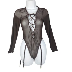 Fredericks of Hollywood body sexy trasparente stringato medio giarrettiera spalline marrone - Foto 1 di 6
