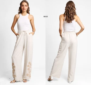 ComfyLuxe Floral Pattern Embroidered Wide-Leg Linen Pants - Picture 1 of 9