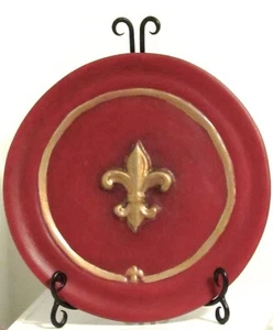 Tuscan Fleur De Lis Decorative Round Ceramic Accent Plate with Metal Scroll Plat - Picture 1 of 10