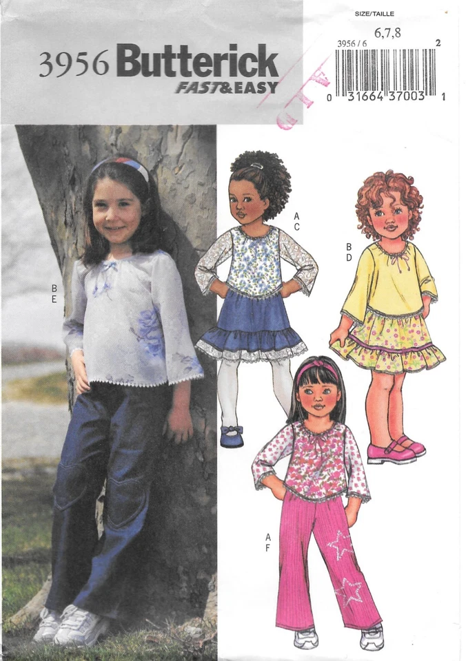 Uncut Butterick Sewing Pattern # 3956 Children's Top Skirt and Pants Size: 6-7-8 - Image 1 of 2
