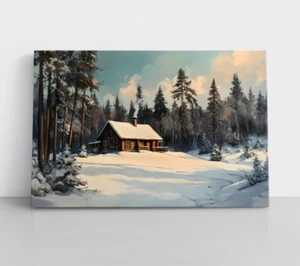 Vintage log Cabin in Woods Winter Snowy Forest Painting Print Framed Canvas - Picture 1 of 13