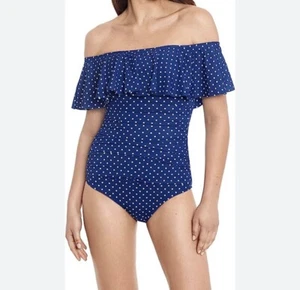 Ralph Lauren Sapphire Pin Dot Off The Shoulder One Piece Swimsuit 6 - Picture 1 of 6