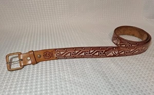 Vintage JR Belts Mexico Genuine Leather Men's Belt Tan Brown Horse Embossed 54" - Picture 1 of 15