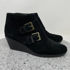 Munro Wedge Boots Womens 7.5 Black Booties Suede Monk Strap Water Resistant - Picture 1 of 12