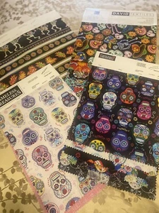 Mixed Lot of Pieces Fabric Cotton 17x12, 21x14” Skulls, Zombies & Sugar Skulls - Picture 1 of 10