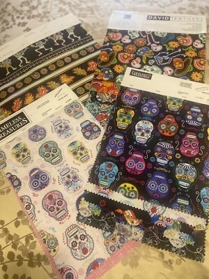 Mixed Lot of Pieces Fabric Cotton 17x12, 21x14” Skulls, Zombies & Sugar Skulls - Image 1 of 4