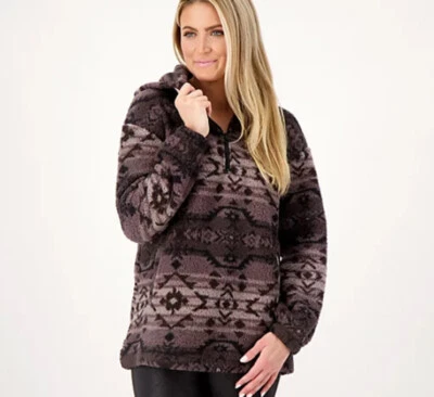 Koolaburra by UGG Brushed Back Sherpa Hoodie Pullover Black Geo Medium A544816 - Image 1 of 4