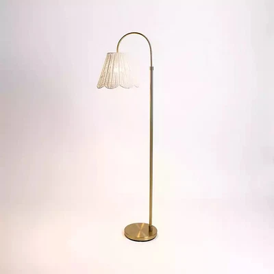 Gold Arched Floor Lamp with White Rattan Shade - Image 1 of 2