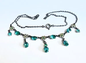 intage Silver Tone Floral Necklace - Aqua Blue & Clear Glass Stones - Picture 1 of 3