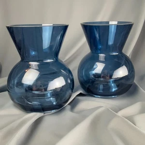 Modern Blue Glass Candle Holder Vase Pair | Reversible Molded Votive Decor - Picture 1 of 6