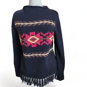 Vintage Southwestern Pullover Damen S Azteken Fransen schwarz Western Boho Rollkragen - Bild 1 von 13