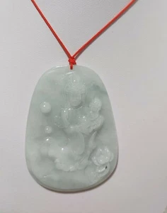 Certified Grade A green Jadeite jade carved GuanYin&Kid(观音送子) pendant - Picture 1 of 6