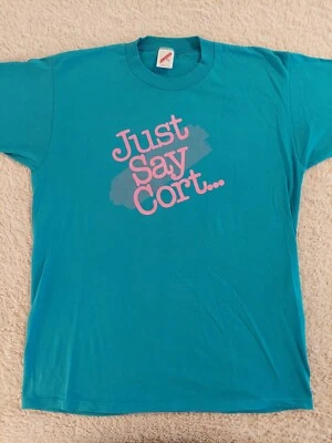 Vtg Just Say Cort T-Shirt Mens XL Blue Pink Jerzees Single Stitch USA 80s - Image 1 of 4