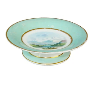 Antique Hand Painted 8 3/4” Pedestal Blue Comport Dish Loch Mountain Lake Signed - Picture 1 of 7