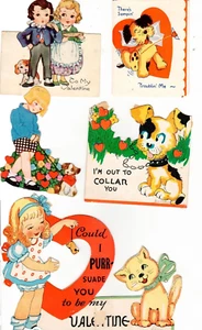 Charming Lot of 5 Small Vintage Children dog cat Valentines-1940's 1950's - Picture 1 of 2