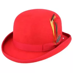 Vintage 100% Wool Felt Derby Bowler Hat- Handmade Bowler Hat Removable Feather - Picture 1 of 17