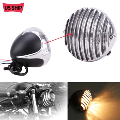 MOTORCYCLE FINNED GRILL LED HEADLIGHT FOR CAFE RACER BOBBER XS650 CB750 XL - Image 1 of 4