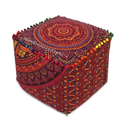 16X16X14 Inches Multi Red Floral Mandala Ottoman Pouf Covers Home Decor Cover AU - Image 1 of 4