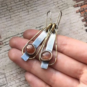 Ethnic Design Silver Gold PLD Opal CZ Drop Earring-Silver Sunstone Hook Earring - Picture 1 of 6