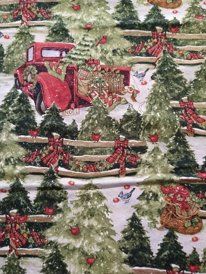"Pine Trees & Fences" Fabric Susan Winget Red Truck Christmas Trees Snow 17x43 - Image 1 of 4