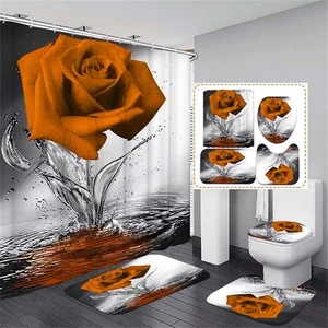 Orange Rose Bathroom Set with Shower Curtain, Non-Slip Rugs, Bath Mat, Toilet... - Bild 1 von 9