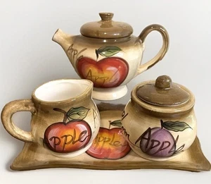 Vtg Ceramic Teapot, Sugar Bowl & Creamer w/Tray 2004 | Apple Orchard Granny - Picture 1 of 14