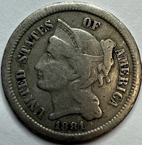 1881 US 3 Cent Nickel 3c Short Lived Type Coin Exact Coin Imaged #3C147 - Picture 1 of 2
