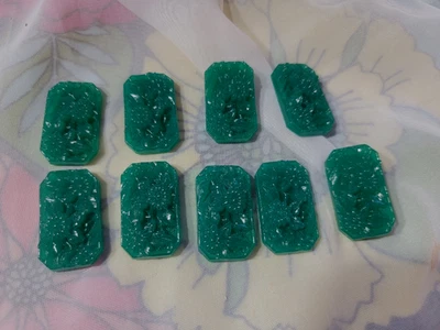 11 Винтажный чешское стекло прямоугольник зеленый пестрый нефрит резной цветок дизайн 28 x 17 мм - Изображение 1 из 4