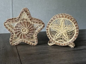 Paar Vintage geflochtene Korb Draht Servietten / Posthalter Tannennadel 60er Boho - Bild 1 von 11