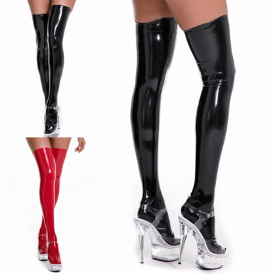 Damen Glänzende Latex PVC Leder Lange Strümpfe Overknee Socken Wetlook Halterlose Strümpfe - Bild 1 von 4