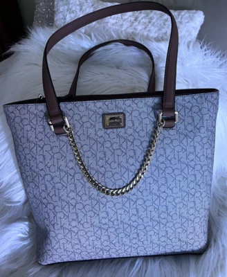 CALVIN KLEIN LARGE TOTE ZIPPER PURSE BAG MONOGRAM ALMOND TAUPE MSRP $188 NEW - Image 1 of 4