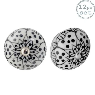 Ceramic Door Knob Cabinet Drawer Handle Set, Floral Design, White/ Black - x12 - image 1 of 4