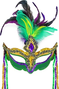 Women Mardi Gras Mask with Feathers Masquerade Mask Venetian Halloween Costumes - Picture 1 of 12