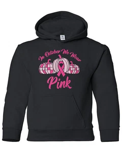 In October We Wear Pink Youth Hoodie Sweatshirt Breast Cancer Awareness - Picture 1 of 4