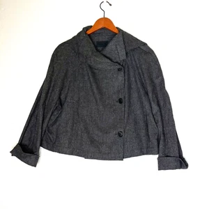 OSKA Wool Blend Lagenlook Asymetrical Herringbone Size II Gray Crop Jacket - Picture 1 of 10