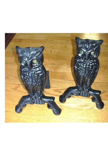 Pair of Cast Iron Owl Andirons With Large Marble Eyes  - Reproductions Cover